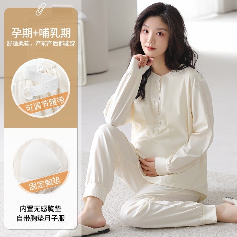 Pregnant Women with No Breastfeeding Mouth Monthly Clothing Modal with Chest Pad Two-piece Set of Long-sleeved Pajamas for Prenatal and Postpartum Pregnant Women - Image 4