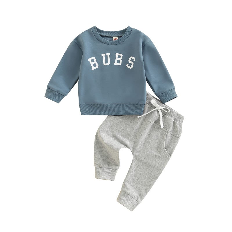 BeQeuewll Baby Boy Clothes Outfits 2pcs Letter Print Crewneck Sweatshirt Pants Sweatsuit Little Boy Clothing(Bubs Blue, 12-18 Months) - Image 1