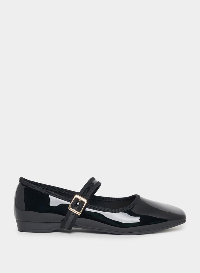 Styli Patent Ballerina Shoes with Buckle Strap - Image 1