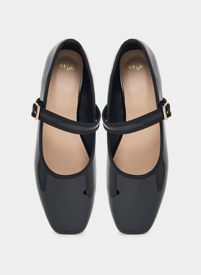 Styli Patent Ballerina Shoes with Buckle Strap - Image 5