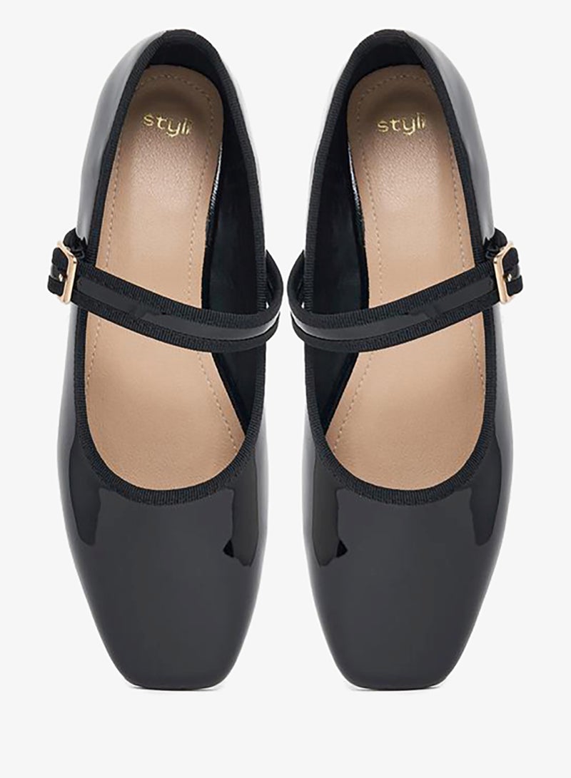 Styli Patent Ballerina Shoes with Buckle Strap - Image 5