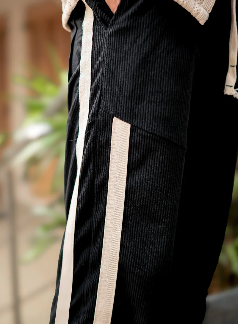Maniac Maniac Mens ColorBlock Black, Half White Tape Corduroy fabric Jogger