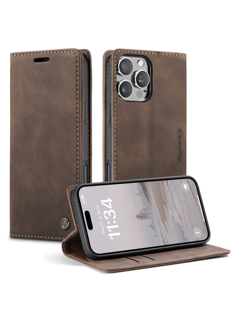 ICARLUS For iPhone 16 Pro Max Case Card Holder Stand Leather Phone Cover - Brown  - Image 1