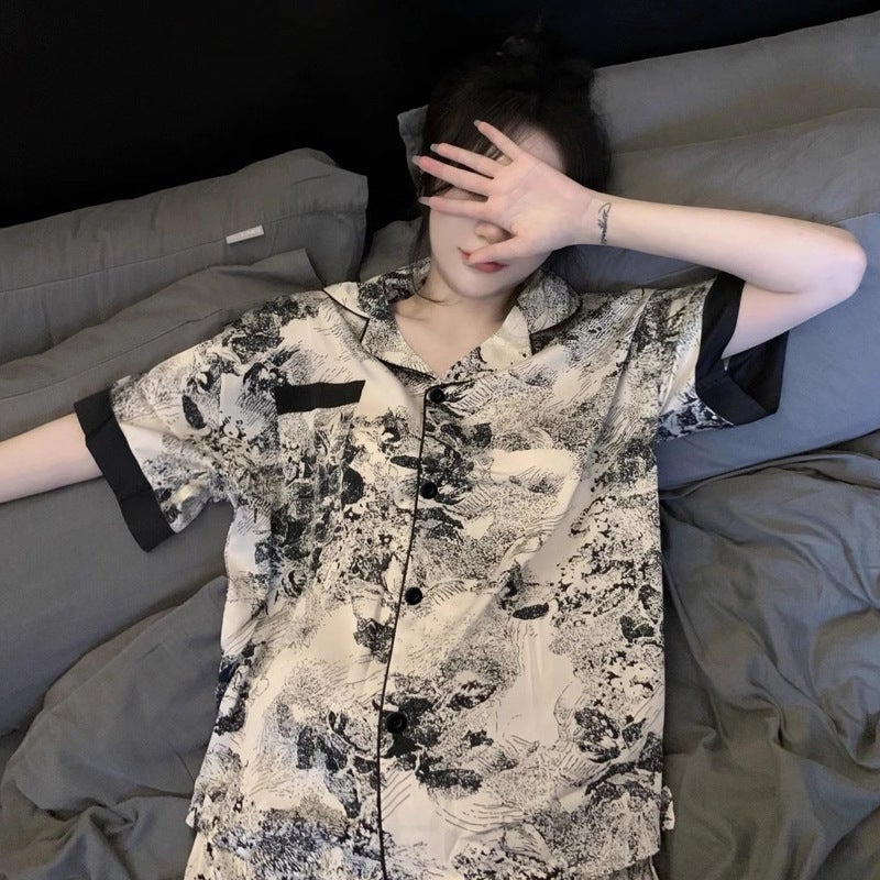 New Ink Painting Ice Silk Short Sleeve Cardigan Women''s Pajamas Summer Thin Casual Outwear suit Wholesale - Image 4