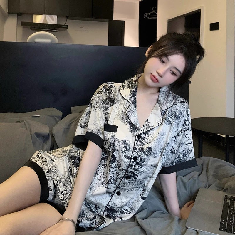 New Ink Painting Ice Silk Short Sleeve Cardigan Women''s Pajamas Summer Thin Casual Outwear suit Wholesale - Image 2