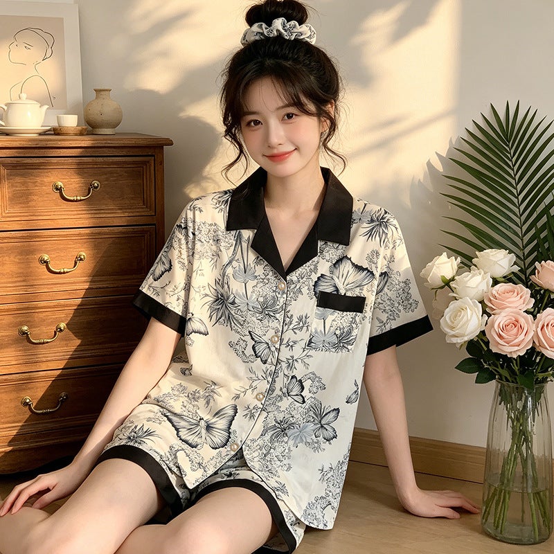 New Ink Painting Ice Silk Short Sleeve Cardigan Women''s Pajamas Summer Thin Casual Outwear suit Wholesale - Image 1