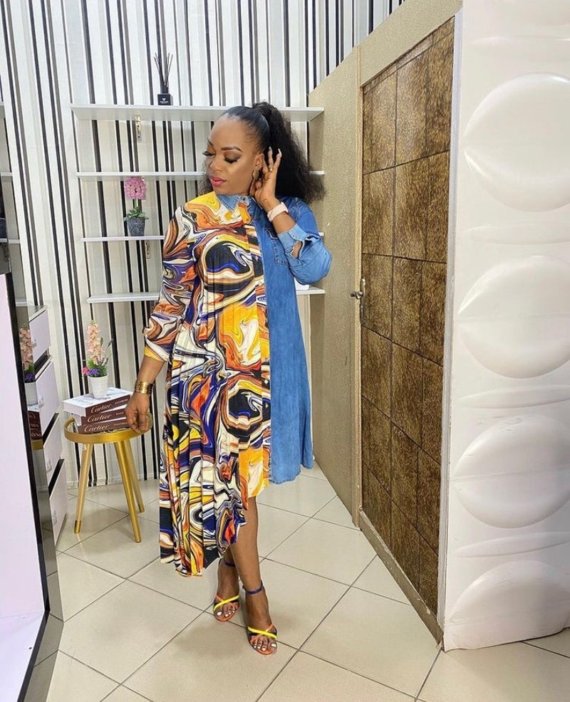 Supply Denim chiffon stitching unique cutting fashion loose shirt dress Europe, America and Africa plus size specials Yellow belt included