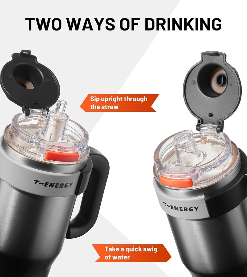 TKK 40 oz Insulated Tumblers with Handle and Straw, Stainless Steel Travel Mug with Ceramic Coating, Leak Proof Double Walled Iced Coffee Cup with Strainer for Hot & Cold Drinks,SteelBlack - Image 3