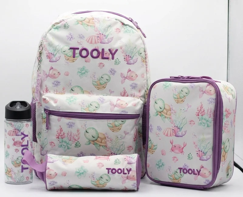 TOOLY 4-Piece Premium School Backpack Set for Girls – 44cm Backpack with Insulated Lunch Bag, Pencil Case & 500ml Water Bottle – Lightweight, Durable & Stylish Sea Turtle Design