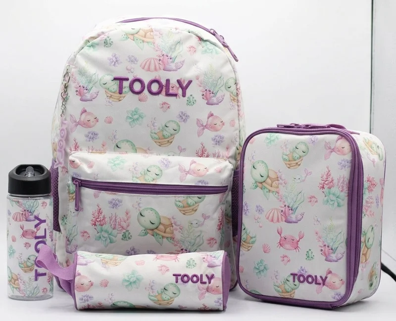 TOOLY 4-Piece Premium School Backpack Set for Girls – 44cm Backpack with Insulated Lunch Bag, Pencil Case & 500ml Water Bottle – Lightweight, Durable & Stylish Sea Turtle Design