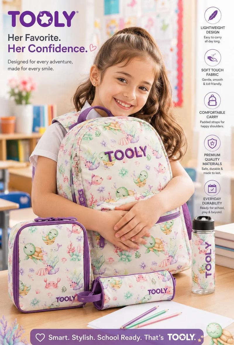 TOOLY 4-Piece Premium School Backpack Set for Girls – 44cm Backpack with Insulated Lunch Bag, Pencil Case & 500ml Water Bottle – Lightweight, Durable & Stylish Sea Turtle Design