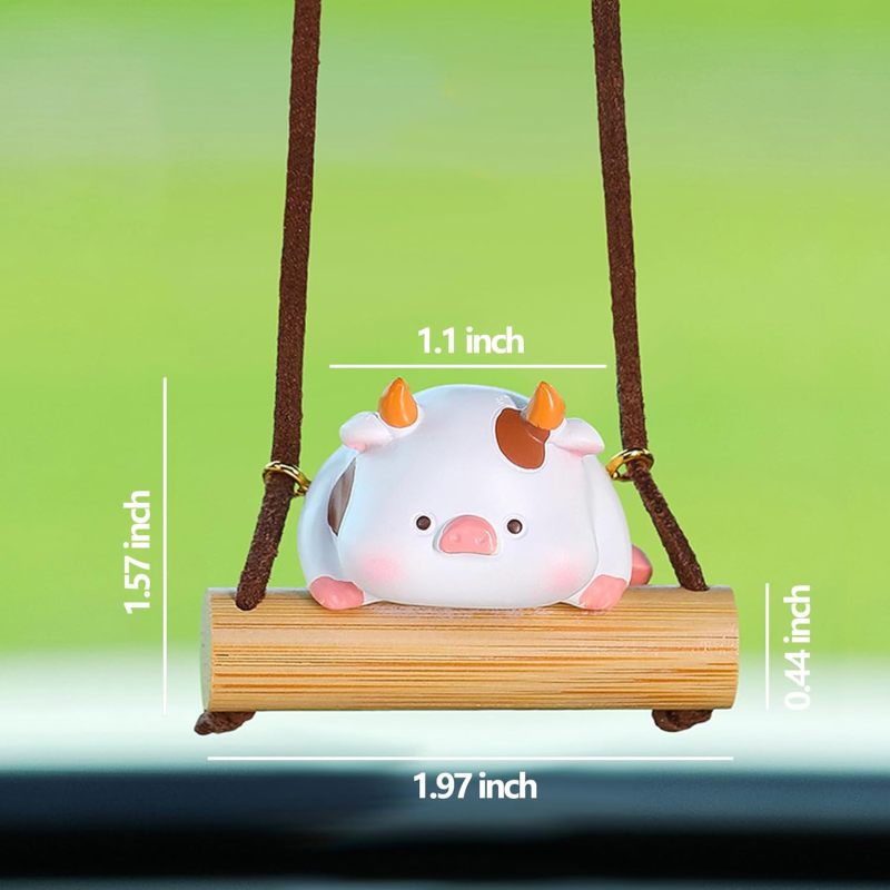 مرايا بقرة كإكسسوار للتعليق في السيارة: دلاية مرآة الرؤية الخلفية من الراتنج الوردي للنساء، إكسسوار سيارة للفتيات بتصميم عجل متأرجح من الخيزران، زينة داخلية بأسلوب رجعي للمنزل والمكتب والحديقة - Image 4