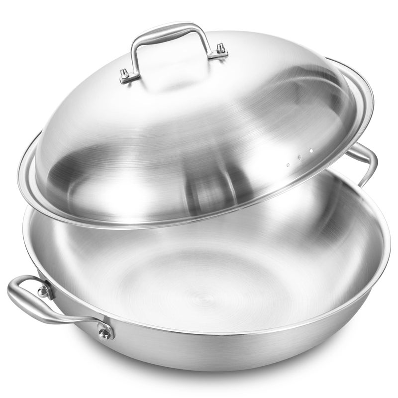 LOLYKITCH 145 Inch TriPly Stainless Steel Wok Pan with Steel LidDeep Frying PanJumbo CookerInduction Cooking PanDishwasher and Oven Safe