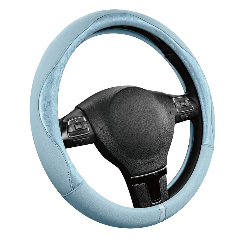 PIC AUTO Steering Wheel Cover, Light Blue Patterned Leather Patchwork Design, Universal Fit 14.5"â€“15.5", Anti-Slip, Odor-Free, Soft PU Grain Leather, Durable Grip Car Accessory for Girls & Women - Image 1