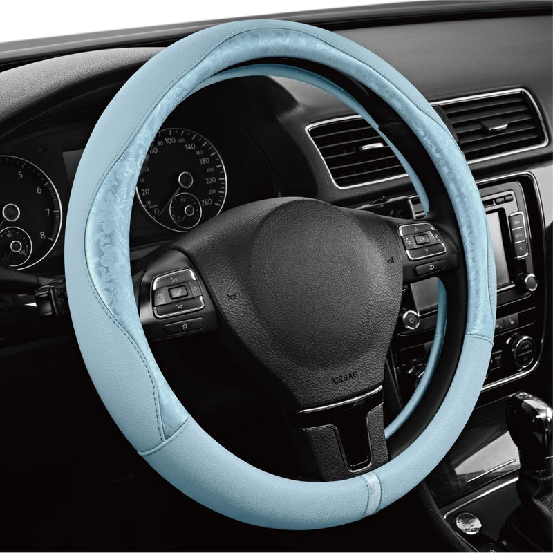 PIC AUTO Steering Wheel Cover, Light Blue Patterned Leather Patchwork Design, Universal Fit 14.5"â€“15.5", Anti-Slip, Odor-Free, Soft PU Grain Leather, Durable Grip Car Accessory for Girls & Women - Image 2
