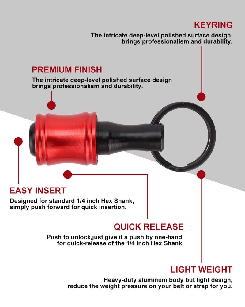 katerk 6pcs Red&Black Bit Holder with Carabiner Socket for Mens Gift, 1/4 inch Hex Shank Aluminum Alloy Screwdriver Bit Holders, Quick Release Easy Change Impact Driver Drill Bit Keychain Extension - Image 4