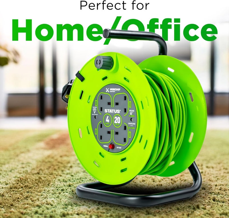 Status 4 Socket Cable Reel | 20m Green Extension Lead | 13A with Thermal Cut Out | Heavy Duty Outdoor Extension Lead | S20M13ACR2 - Image 2