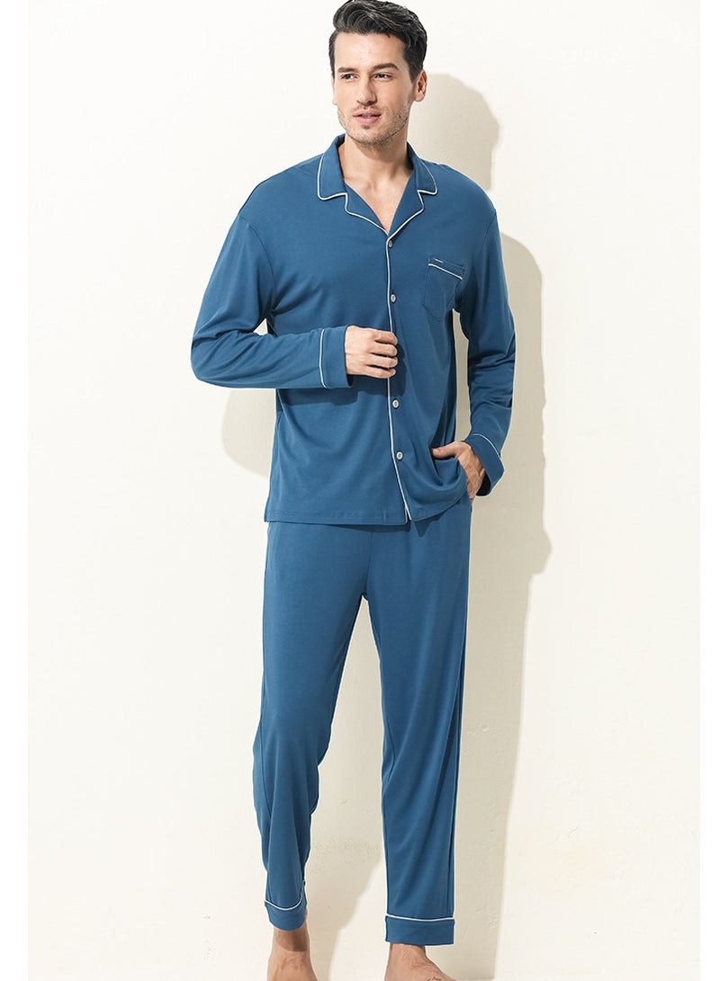 Loquat Men's Casual Long Sleeve Lapel Shirt And Pants Set 2-Piece Set Skin-Friendly Pyjamas Sleepwear Lounge Wear Dark Blue  - Image 1