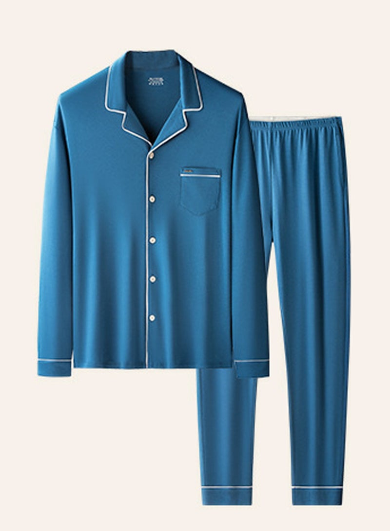 Loquat Men's Casual Long Sleeve Lapel Shirt And Pants Set 2-Piece Set Skin-Friendly Pyjamas Sleepwear Lounge Wear Dark Blue  - Image 2
