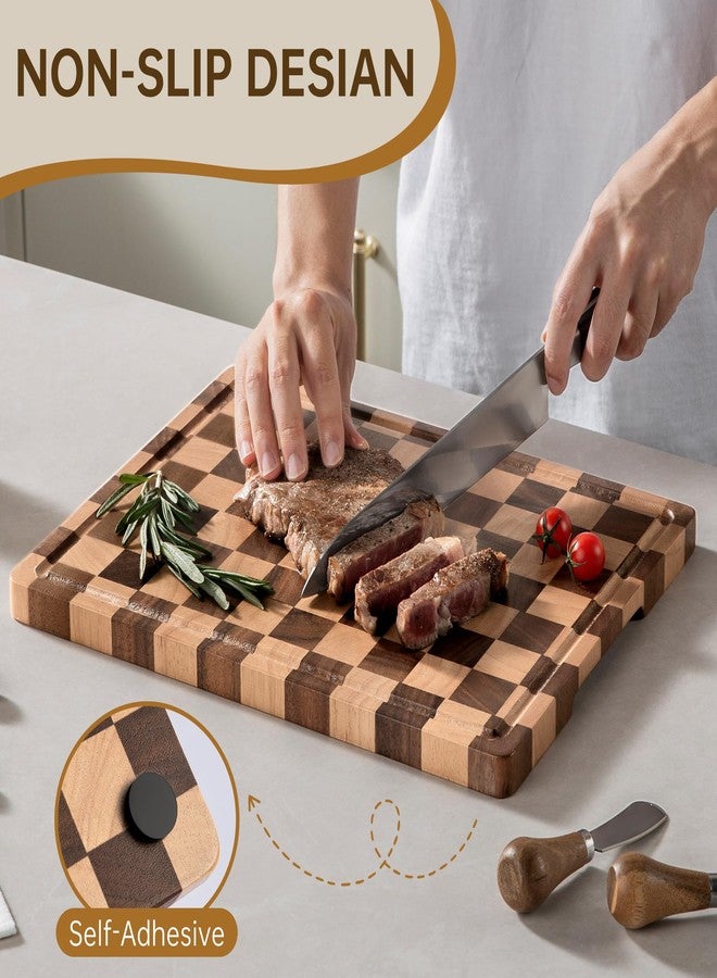 FYCTIO Checkered Cutting Board, Wooden Cutting Boards for Kitchen, Acacia Wood Cutting Board with Handle & Juice Grooves, Small Charcuterie Boards with Gift Box, 14" X 11" X 0.8" - Image 5