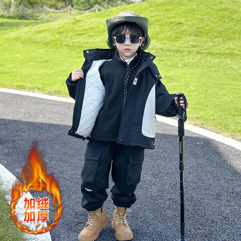 Boys' Coat Three-In-One Children'S Charge Clothes Men'S Baby Children'S Wear Thickened Hooded Top - Image 1