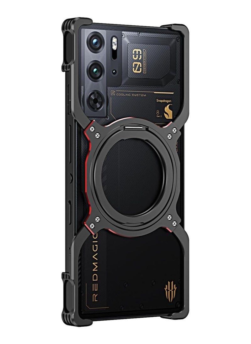 Metal Bumper Case for ZTE Nubia RedMagic 9 Pro with Aluminum Alloy Frame, Lens Protector, 360 Rotating Kickstand, MagSafe Wireless Charging Compatible, Black Red