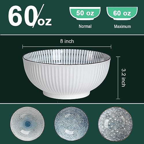 QINLANG 60 oz Large Soup Bowl, Pho Bowls, Japanese Ramen Bowls Set of 3, 8 in Blue and White Porcelain Big Bowls for Eating - 3 Mixing Patterns - Image 2