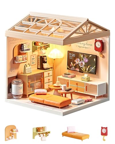 Kisoy DIY Miniature House Kit Tiny House Kit with Furniture and LED Light Mini Blocks Model Kit Sets DIY CraftsHobbies Toys for Adults and Teens Living Room - Image 1