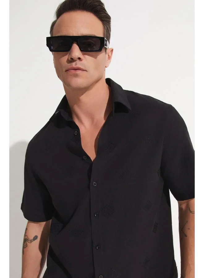 JUNE June Men Cotton Patterned Short Sleeve Shirt Black - Black