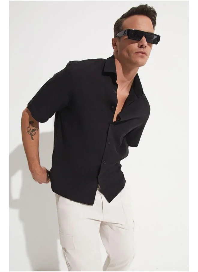 جون June Men Cotton Patterned Short Sleeve Shirt Black - Black