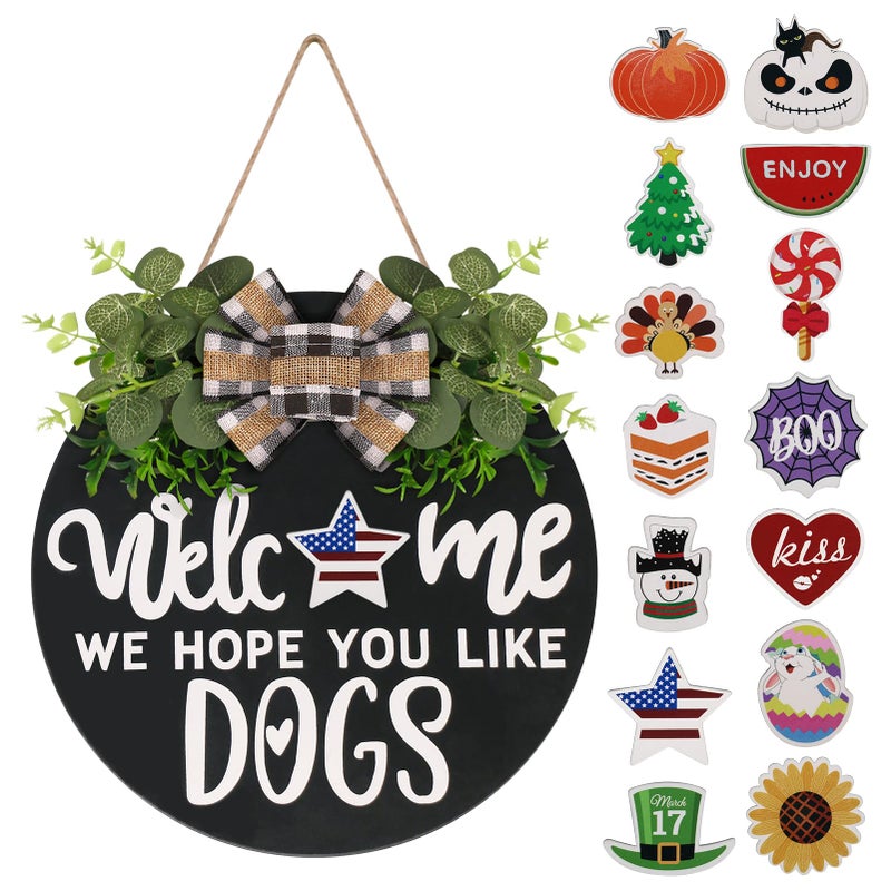 RoseCraft Interchangeable Wooden Seasonal Welcome Sign, Rustic Round Dogs Sign Front Door Wreaths for Home/Wall/Porch Decor, for Easter Spring Summer Fall Halloween Christmas All Season Decorations - Image 1