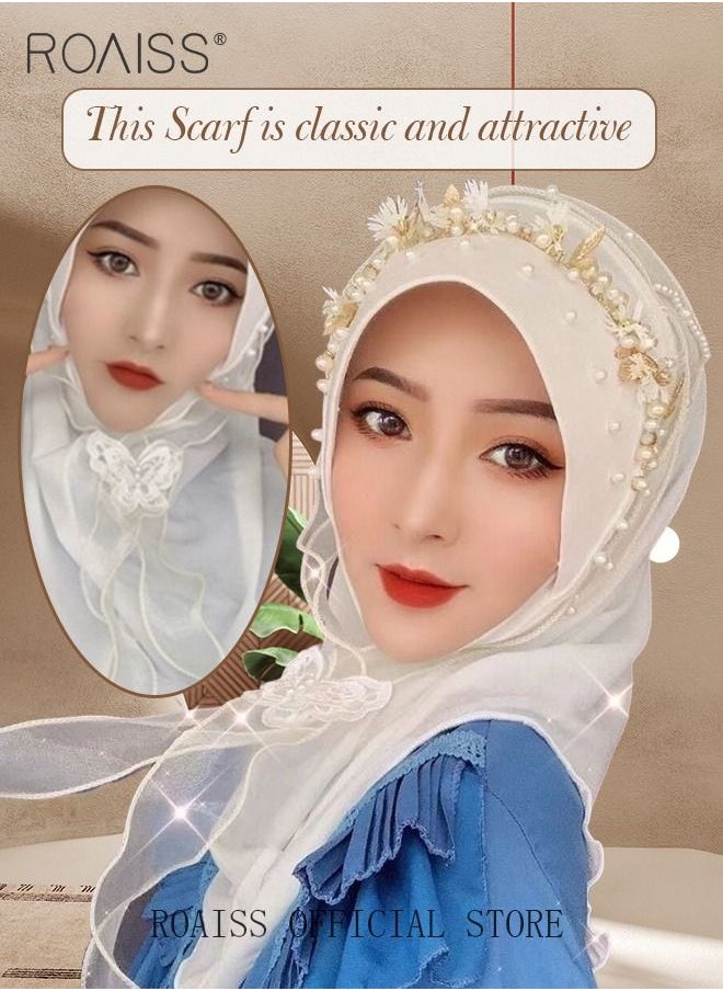 roaiss - Women's Chiffon Hijab Muslim Casual Scarf Floral Pearl Turban for Ladies Beading Decoration Versatile All Seasons Wearable Traditional Wear Hijab - Image 1