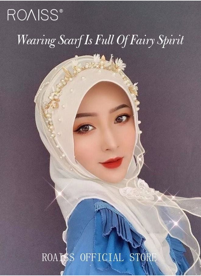 roaiss - Women's Chiffon Hijab Muslim Casual Scarf Floral Pearl Turban for Ladies Beading Decoration Versatile All Seasons Wearable Traditional Wear Hijab - Image 1