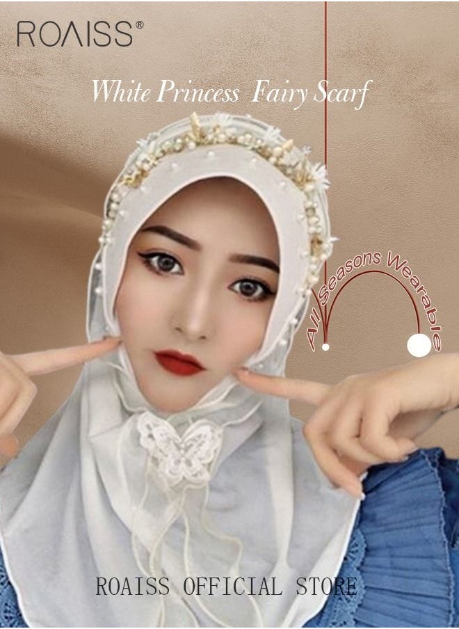 roaiss - Women's Chiffon Hijab Muslim Casual Scarf Floral Pearl Turban for Ladies Beading Decoration Versatile All Seasons Wearable Traditional Wear Hijab - Image 1