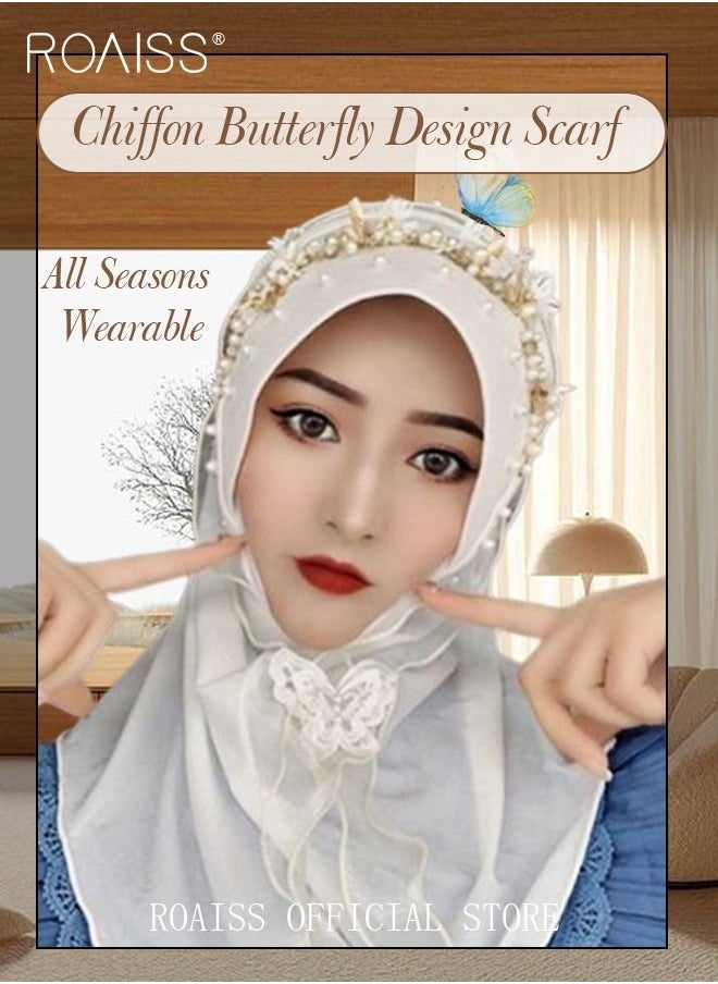 roaiss - Women's Chiffon Hijab Muslim Casual Scarf Floral Pearl Turban for Ladies Beading Decoration Versatile All Seasons Wearable Traditional Wear Hijab - Image 1