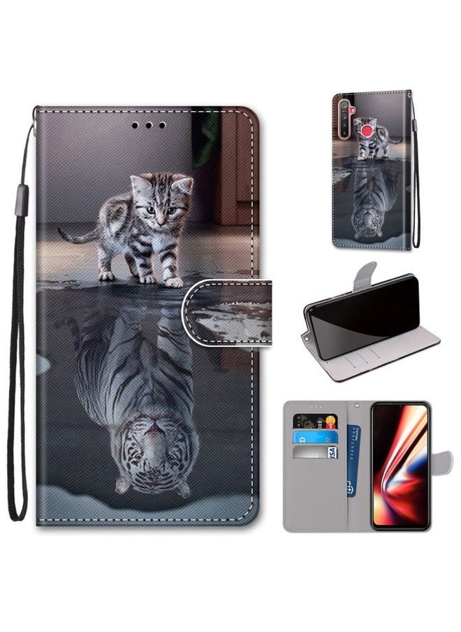 HuHa Case Cover For Realme 5 / 5s / 5i / C3 / C3i / 6i / Narzo10 / 10A / 20A Coloured Drawing Cross Texture Horizontal Flip PU Leather Case with Holder & Card Slots & Wallet & Lanyard Cat Becomes Tiger 