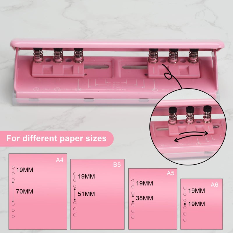 LYHLYA Adjustable 6-Hole Punch - Metal Hole Puncher for A4/A5/A6, Personal & Pocket Planners - 6-Ring Binder Puncher 6-Sheet Capacity, Non-Slip Base, with Ruler & Hole Guide (Pink) - Image 2