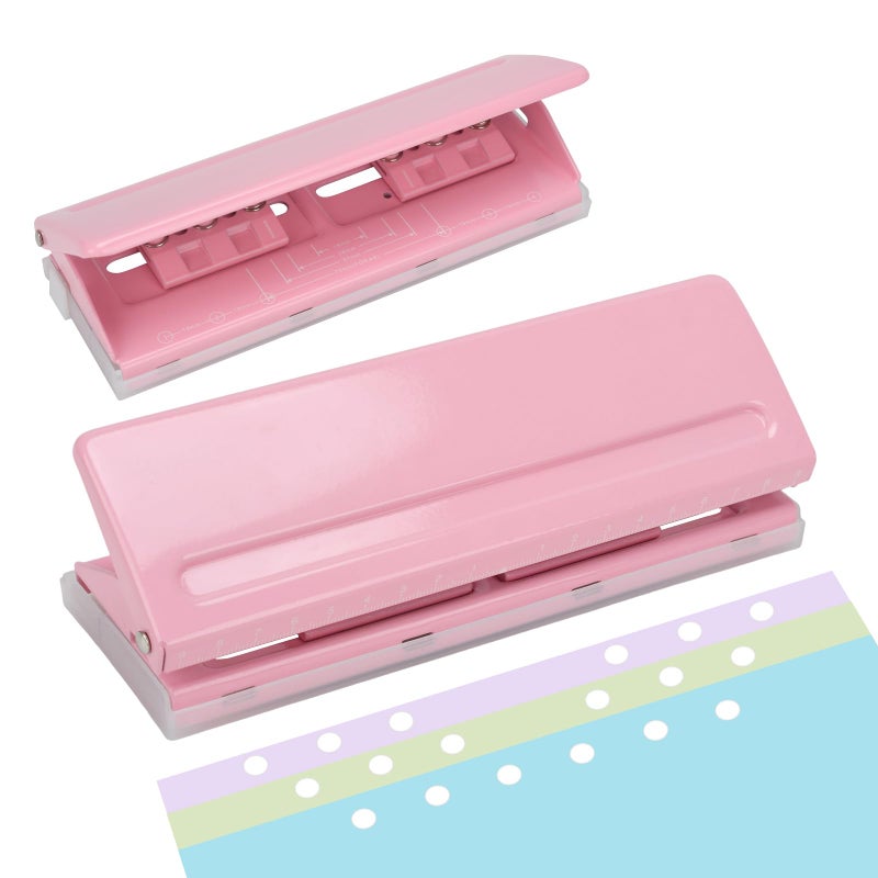 LYHLYA Adjustable 6-Hole Punch - Metal Hole Puncher for A4/A5/A6, Personal & Pocket Planners - 6-Ring Binder Puncher 6-Sheet Capacity, Non-Slip Base, with Ruler & Hole Guide (Pink) - Image 1