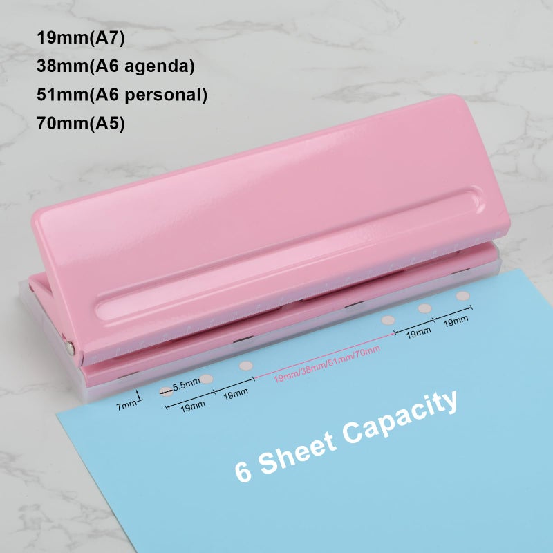 LYHLYA Adjustable 6-Hole Punch - Metal Hole Puncher for A4/A5/A6, Personal & Pocket Planners - 6-Ring Binder Puncher 6-Sheet Capacity, Non-Slip Base, with Ruler & Hole Guide (Pink) - Image 4