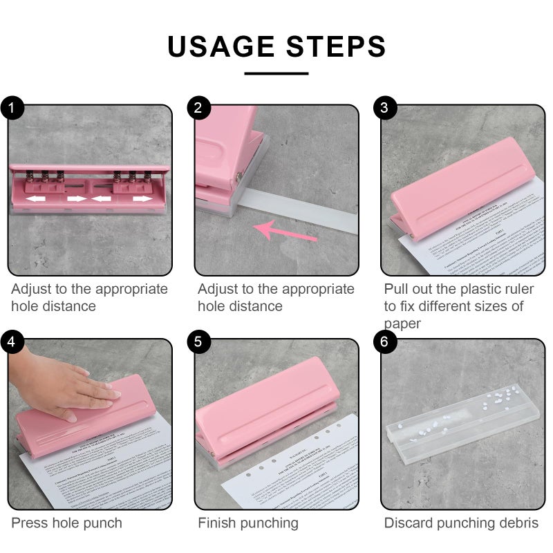 LYHLYA Adjustable 6-Hole Punch - Metal Hole Puncher for A4/A5/A6, Personal & Pocket Planners - 6-Ring Binder Puncher 6-Sheet Capacity, Non-Slip Base, with Ruler & Hole Guide (Pink) - Image 5