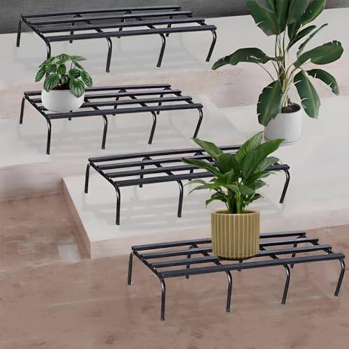 Pivalo Rectangular Plant Stand Galvanized Metal Flower Pot Holder Gamla Support Corner Rack Outdoor Potted Planter Display Shelf for Home Garden Balcony Decoration - (Pack of 4, Black) - Image 1