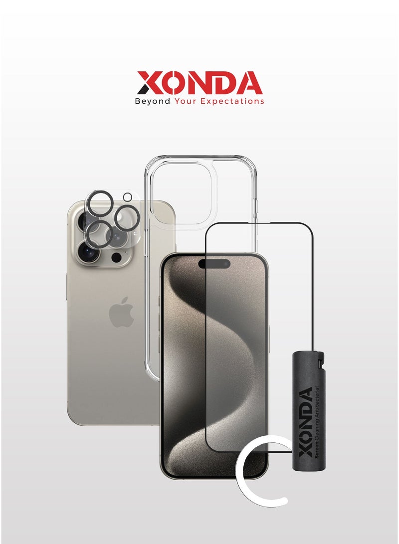 Xonda 4-in-1 protection package for iphone 15 Pro Max - Clear case, shatter-resistant screen protection, high-definition camera lens protection, Antibacterial Spray. - Image 1