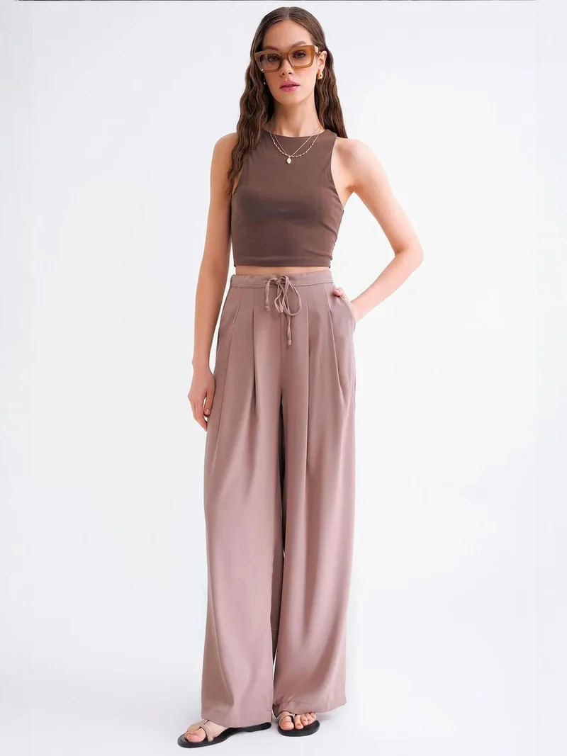 MixRay Mocha Brown Mixray High Waist Pleated Palazzo Pants for Women | Best Price UAE