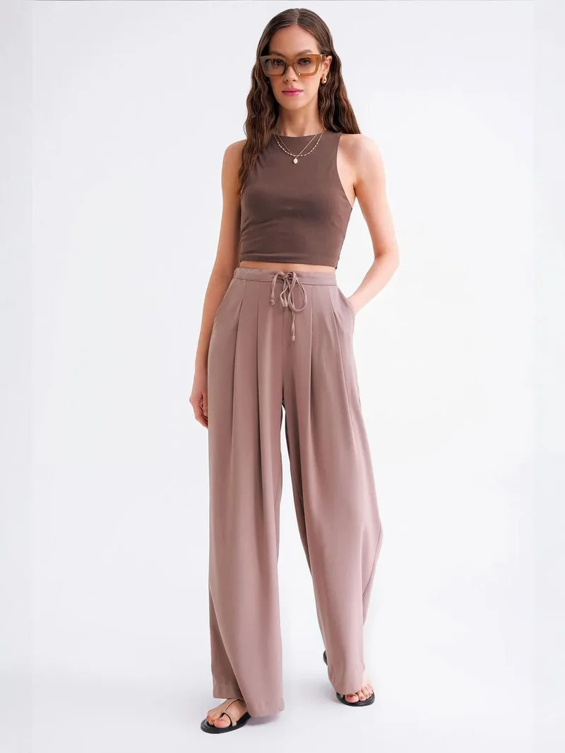 MixRay Mocha Brown Mixray High Waist Pleated Palazzo Pants for Women | Best Price UAE
