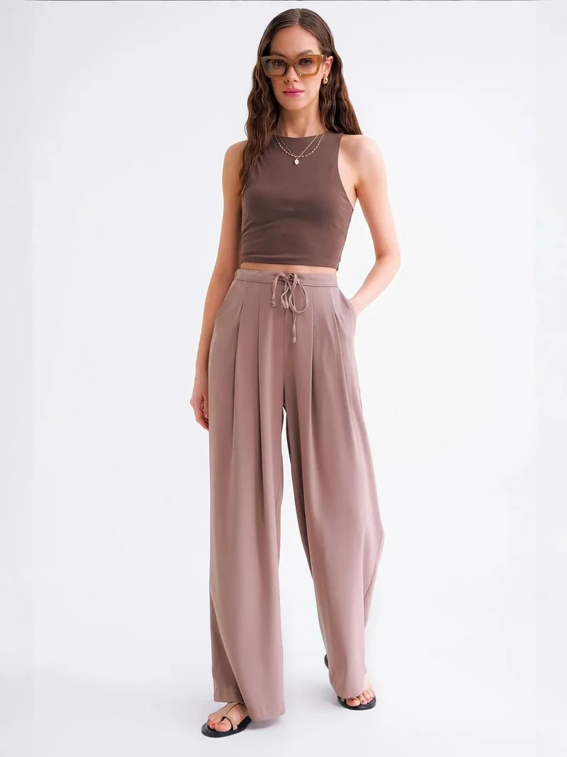 MixRay Mocha Brown Mixray High Waist Pleated Palazzo Pants for Women | Best Price UAE
