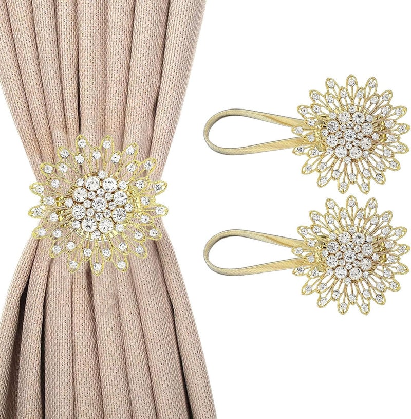 ChicAbode Magnetic Tiebacks for Drapes, 2 Pack Bow Pearl Holdbacks with High-Elastic Spring Wire, Elegant Buckle Clips for Wall & Window Treatments (2pcs Gold) - Image 1