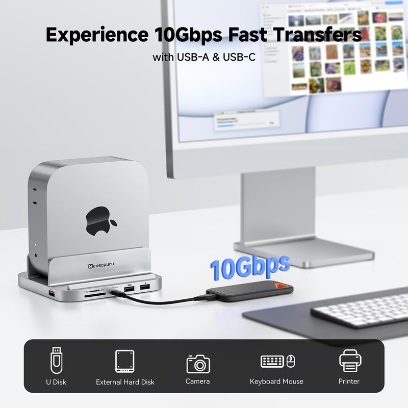 minisopuru مينيسوبورو MINI218B PRO ماك ميني M4 دوك مع 8 تيرابايت M.2 NVMe SSD حاوية، 10 جيجابت في الثانية USB C/A ملحقات ماك ميني M4، 8 في 1 حامل عمودي من الألمنيوم بالكامل USB C هاب لماك ميني M4/M4 برو 2024 - Image 5