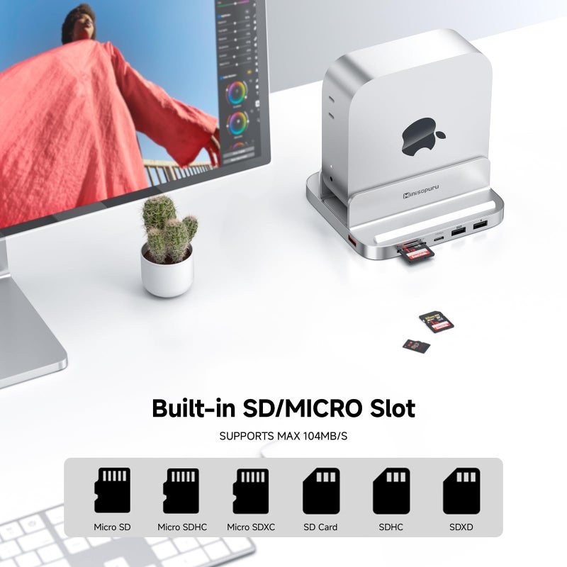 minisopuru مينيسوبورو MINI218B PRO ماك ميني M4 دوك مع 8 تيرابايت M.2 NVMe SSD حاوية، 10 جيجابت في الثانية USB C/A ملحقات ماك ميني M4، 8 في 1 حامل عمودي من الألمنيوم بالكامل USB C هاب لماك ميني M4/M4 برو 2024 - Image 4