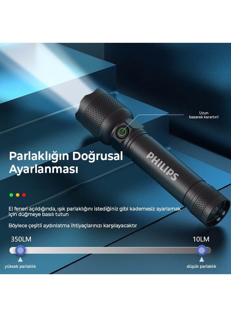 Philips SFL2188/93 450 Lumen 200 Meter Range IP55 Waterproof 2200MAH Type-C Rechargeable LED Flashlight Black
