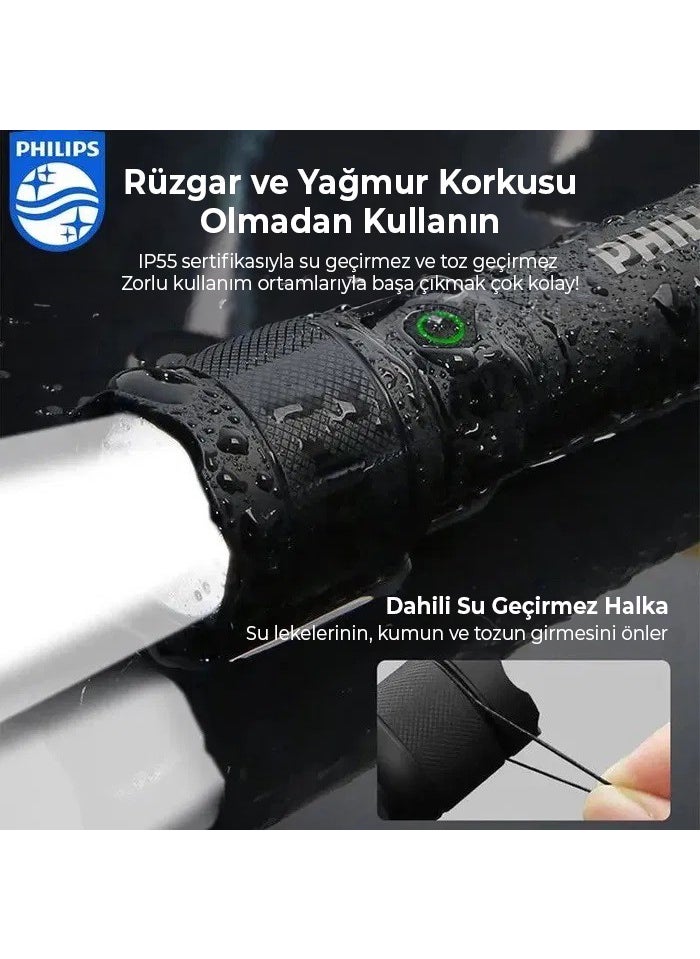 Philips SFL2188/93 450 Lumen 200 Meter Range IP55 Waterproof 2200MAH Type-C Rechargeable LED Flashlight Black